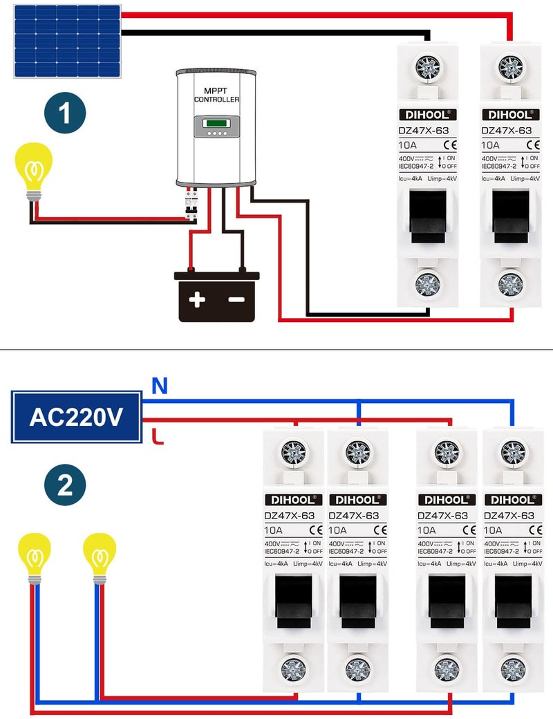 DIHOOL قواطع دوائر مصغرة AC/DC، عبوة 2، قطب واحد 10 أمبير، 12V 24V 48V 400V، غير قطبي، مفتاح فصل شمسي، تركيب على سكة DIN، عازل بطارية RV، MCB لمصفوفة PV، قاطع حراري مغناطيسي - Image 2